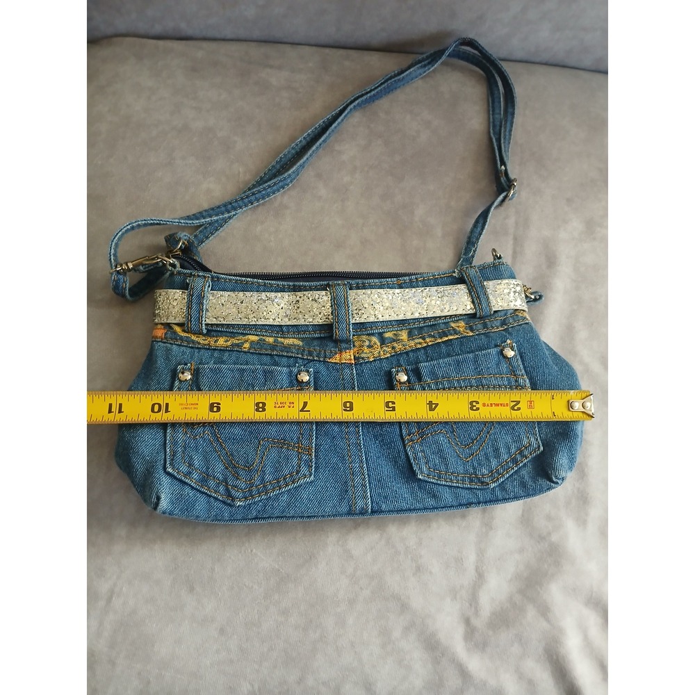 Y2K Denim Pocket Crossbody Bag Blue Jean Purse with Silver Glitter Belt Small - Picture 8 of 8
